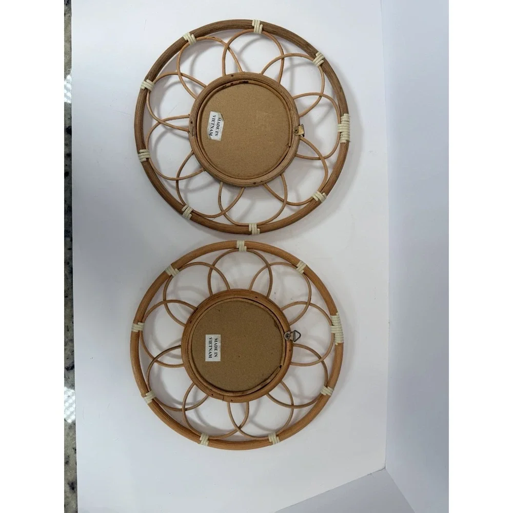 Rattan‎ Mirror Set of 2 round Swirls Boho Style Mirror Beach house Decor 9.5